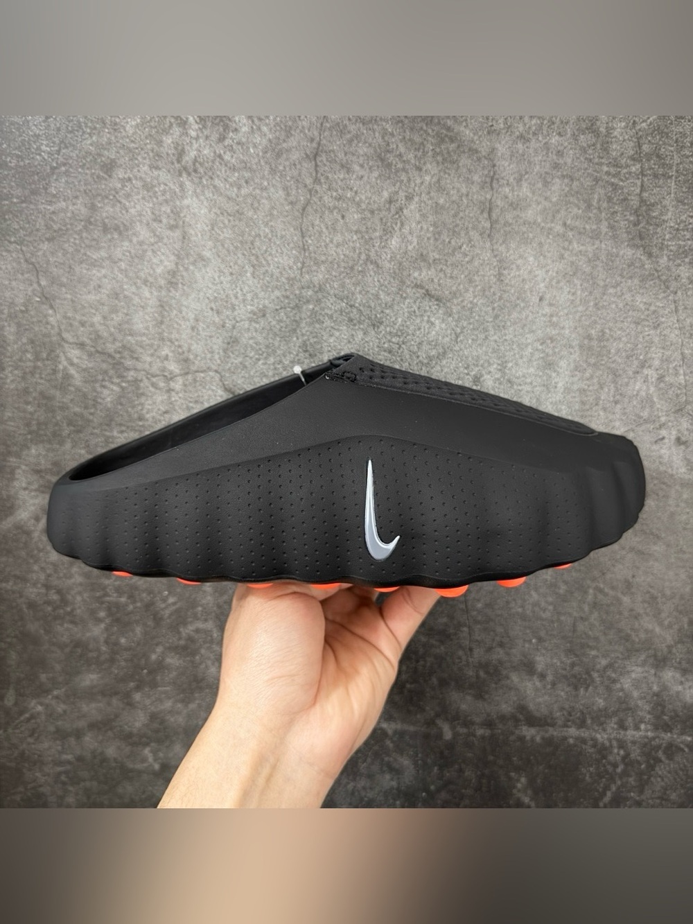 Nike Black Slip-On Slide with Orange Outsole and Silver Swoosh